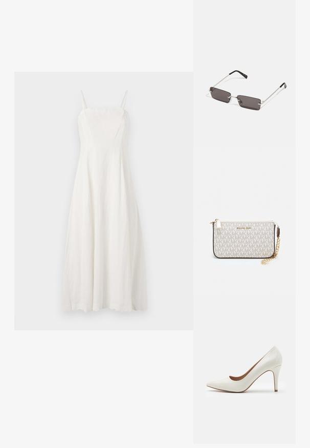 Fehér vászonruha vékony állítható pántokkal, illeszkedő felsőrésszel és lágy, A-vonalú sziluettel. Simább textúra minimális dizájn jellemzőkkel.; Fehér lakkbőr magassarkú cipő hegyes orral és sima felülettel, karcsú sarka van, és alacsony kivágás található a nyílás körül.; Napszemüveg téglalap alakú, sötétszürke lencsékkel, ezüstszínű fémkerettel és fekete műanyag végű szárakkal. Könnyű kivitel, orrpárnákkal.; Michael Kors bézs bevonatos vászon karkötő, amely ismétlődő MK logó mintával, aranyszínű fémrészletekkel és levehető lánchordóval rendelkezik.