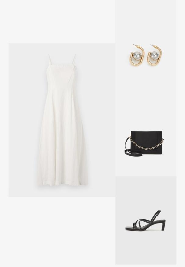 White linen dress with thin adjustable straps, fitted bodice, and a flowing A-line silhouette. Smooth texture with minimal design features.; Black strappy sandal with a square toe and a low block heel. Features multiple thin straps and an adjustable ankle strap. Made of smooth leather.; Black leather crossbody bag featuring a smooth texture, rectangular shape, and a metallic chain detail on the front. Adjustable strap included.; Gold-tone earrings with a curved, hoop-like design featuring a prominent silver spherical accent. Polished metal finish, post-back closure.