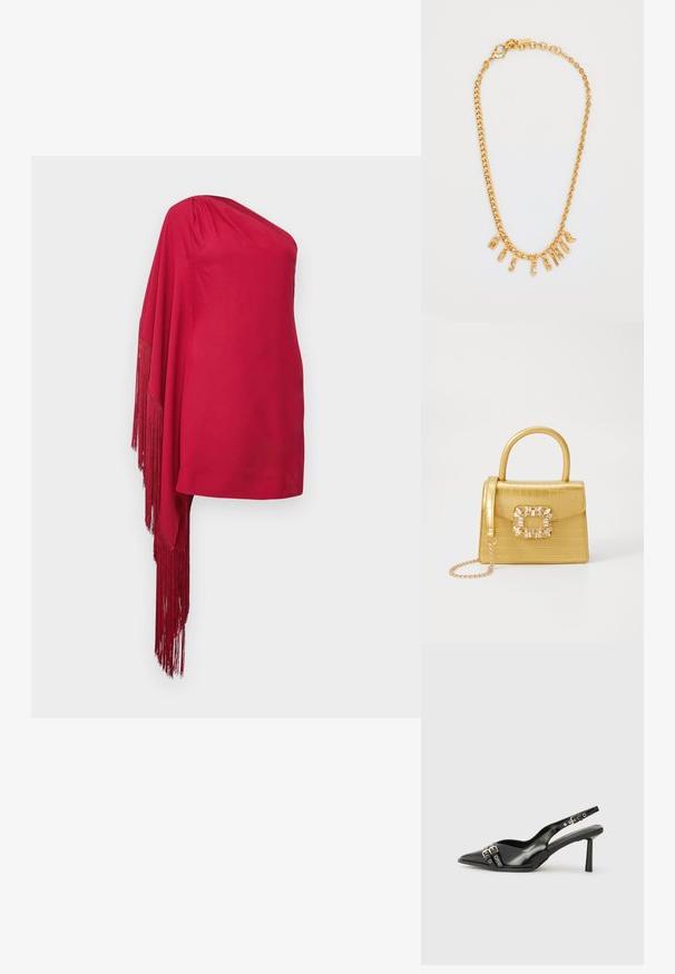 Top rouge à une épaule en tissu lisse, avec un détail de franges en cascade sur un côté et une silhouette ajustée.; Chaussure slingback en cuir verni noir avec un embout pointu, des brides de cheville avec des boucles en argent et des éléments en métal, et un talon fin.; Sac à main en faux crocodile jaune avec un design structuré, une poignée supérieure, une bandoulière en chaîne amovible, et un ornement cristallin décoratif sur le fermoir.; Collier en chaîne dorée avec un pendentif en lettres formant le mot "MOSCATO". Texture lisse avec un fermoir en homard et des maillons de tailles variées.