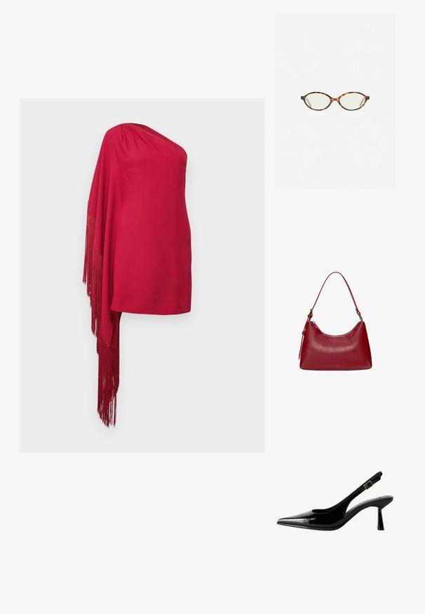 Top rouge à une épaule en tissu lisse, avec un détail de franges en cascade sur un côté et une silhouette ajustée.; Racine à talon en cuir verni noir avec un nez pointu, des côtés découpés, une bride de cheville ajustable et un talon fin et élégant.; Lunettes en écaille de tortue avec des verres ovales et une finition lisse et élégante. Présente des branches fines avec une courbure subtile au niveau des tempes. Verres transparents.; Sac à épaule en cuir rouge avec un design courbé, texture lisse et fermeture éclair. Il dispose d'une fine anse pour le porter.