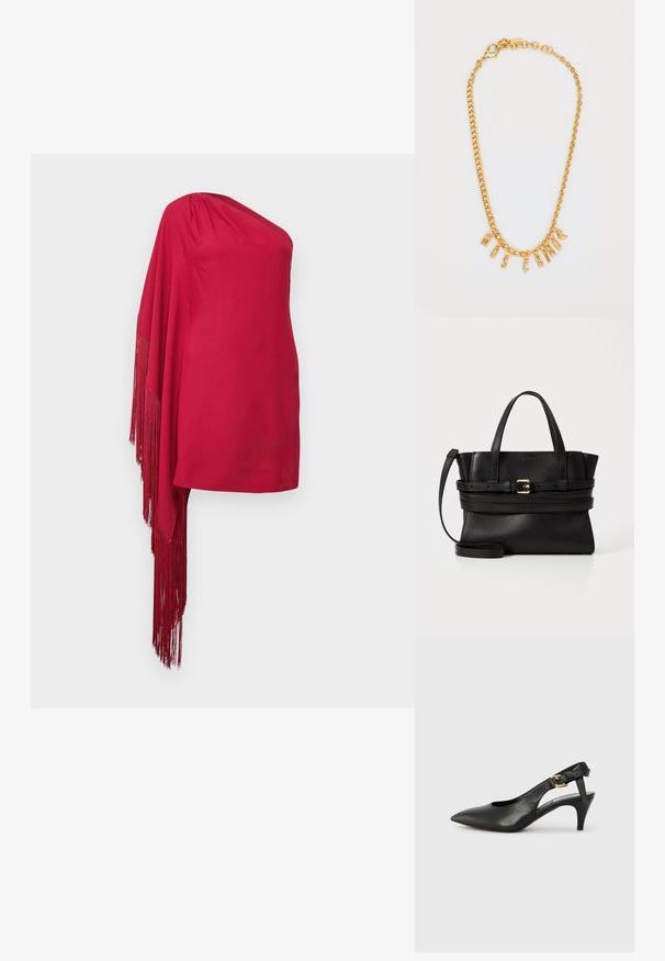 Rotes Top mit einem Schulterträger aus glattem Stoff, das auf einer Seite mit einem cascading Fransen-Detail und einer figurbetonten Silhouette ausgestattet ist.; Schwarze Leder Slingback-Pumpe mit spitzem Absatz, kleinem Absatz und einer Schnalle am Knöchelriemen. Glatte Textur, minimalistisches Design.; Schwarze Lederhandtasche mit strukturiertem Design, doppelten Obergriffen, abnehmbarem Trageriemen und goldfarbener Schnallenakzent auf einem horizontalen Band.; Goldkette mit einem Anhänger in Form der Buchstaben "MOSCATO." Glatte Textur mit einem Karabinerverschluss und Gliedern in unterschiedlicher Größe.
