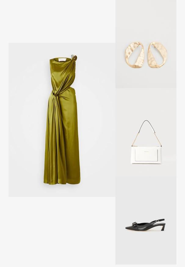 Satin vakarinė suknelė alyvuogių spalvos, su drapiruotu dizainu, viena petneša, sukimosi detale ties juosmeniu ir plaukiančia sijonu.; Juodas odinis slingback batelis su smailiu nosiu, maža pakulne ir dekoratyvine sagtimi viršuje. Lygus paviršius, minimalistas dizainas.; Balta odinė rankinė su tekstūruotu paviršiumi, turinti auksinį grandinėlės dirželį ir juodas detales. Įskaičiuota priekinė kišenė ir užtrauktuko uždarymas.; Nedidelis nereguliarus ovalo formos aukso tono metalinių auskarų pora su tekstūruota, šiek tiek kalta paviršiumi ant balto fono.