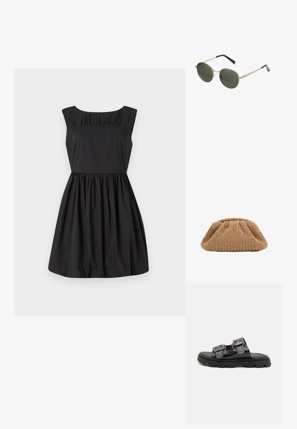 Črna brezrokavna obleka s krožnim izrezom, nabranimi podrobnostmi v zgornjem delu in razširjenim krilom. Narejena iz gladkega blaga.; Črne sandale z dvema širokima naramnicama, okrašenima s tremi studnami in podrobnimi zaponkami, postavljene na trden teksturiran gumijast podplat.; Okrogle sončne očala z metalnimi zlato obroči in temno zelenimi lečami. Ročaji imajo obliko želvovine za dodatne podrobnosti.; Pletena bež torbica s nabranim dizajnom i zaobljenim oblikom, koja se odlikuje teksturiranom tkaninom i mekim gornjim otvorom.