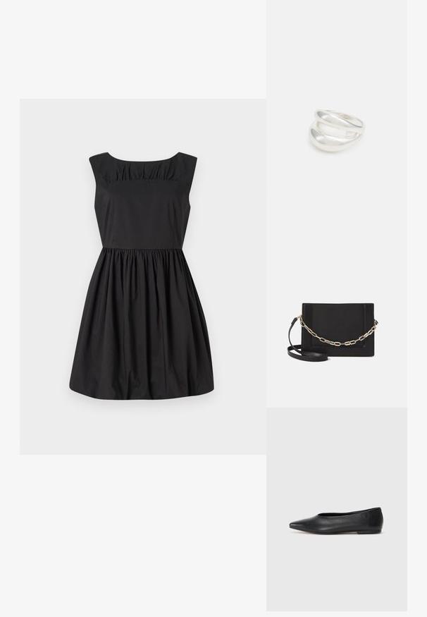 Czarna sukienka bez rękawów z okrągłym dekoltem, ozdobnymi marszczeniami na biuście i rozkloszowanym dołem. Wykonana z gładkiego materiału.; Czarne baleriny z lakierowanej skóry, spiczasty nosek, minimalistyczny design, gładka faktura, niskie obcasy, bez widocznych elementów metalowych czy ozdób.; Czarna skórzana torebka typu crossbody z gładką teksturą, prostokątnym kształtem oraz metalowym detalem w postaci łańcuszka z przodu. W zestawie regulowany pasek.; Srebrna obrączka podwójna z gładką, polerowaną powierzchnią. Posiada płynny, zakrzywiony kształt z nakładającymi się sekcjami, co nadaje nowoczesny wygląd.