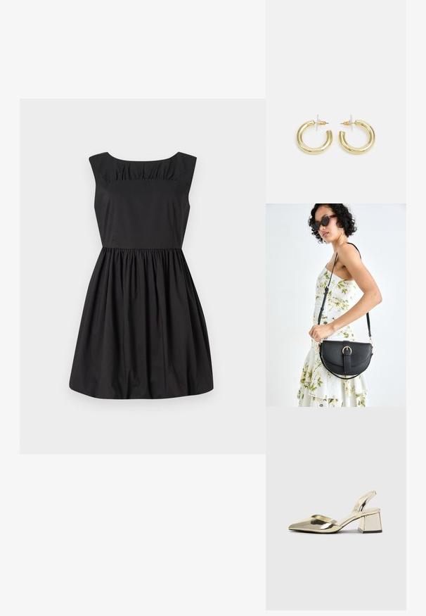 Fekete ujjatlan ruha kerek nyakkivágással, a melle ráncolt részletekkel, és cakkos szoknyával. Simább anyagból készült.; Arany, fémből készült slingback sarkú cipők hegyes orral és vastag sarokkal. Simaság, minimalista design és keskeny pánt jellemzi.; Fekete bőrtáska ívelt formával, levehető pánttal és arany színű fémrészekkel. A táskán egy csattal díszített fedél található.; Arany fülbevalók sima, fényes felülettel. Kör alakú dizájn, amely kis kapoccsal és átlátszó tartozékkal rendelkezik a biztonságos viselés érdekében.