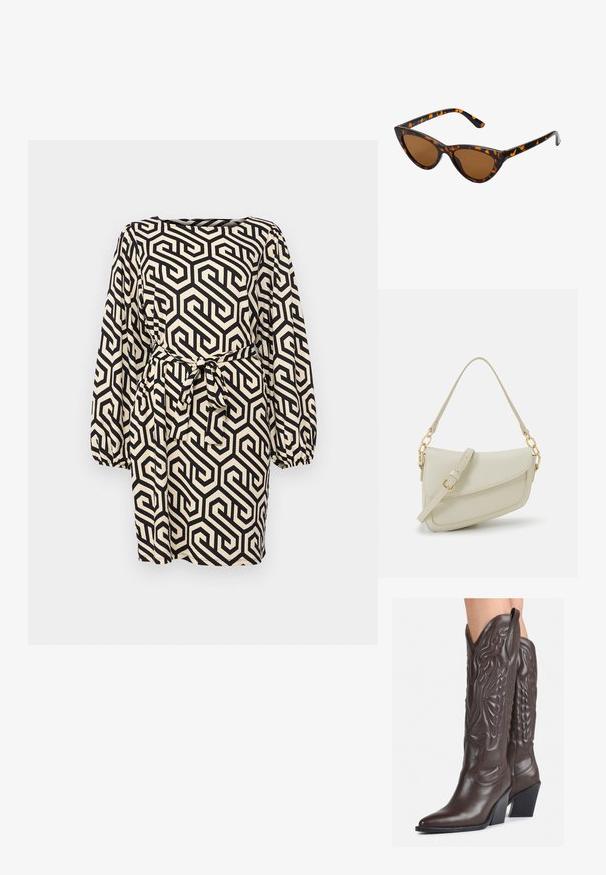 Vestido com padrão geométrico em preto e creme, com mangas longas em balão, decote quadrado e cinto amarrado na cintura. Tecido texturizado.; Botas de cowboy em couro castanho com bico pontudo e salto quadrado, apresentando costuras detalhadas e realces elevados no cano.; Óculos de sol estilo gato com uma armação em tartaruga preta e laranja, lentes castanhas e pontas elegantes e pontiagudas. Apresenta um logo minimalista na haste.; Pequena bolsa de creme com um acabamento texturizado, uma alça longa ajustável, um detalhe em corrente e um fecho de aba. Detalhes em hardware dourado.