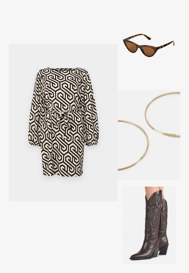 Mekko, joka on musta ja kerma-valkoinen geometristen kuvioiden kanssa, pitkähihaiset ilmavat hihat, neliömäinen pääntie ja sidottu vyö. Teksturoitu kangas.; Ruske nahkasaappaat, joissa on terävä kärki ja laatikkokorko, varustettu yksityiskohtaisella ompelulla ja kohotetuilla yksityiskohdilla varsiosassa.; Kattöga solglasögon med en svart och orange sköldpaddsmönstrad båge, bruna linser och slanka, spetsiga spetsar. Har en minimal logotyp på skalmen.; Kultaiset rengaskorvakorut, ohuet ja pyöreät, joissa on sileä metallipinta ilman koristeluja tai kuvioita.