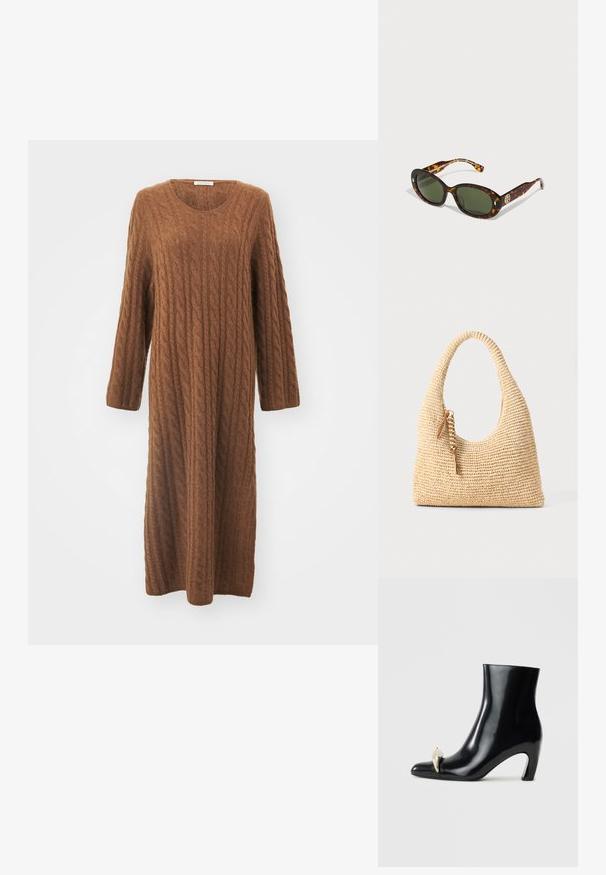Dlouhé hnědé pletené šaty s kabelkovým vzorem, kulatým výstřihem a dlouhými rukávy. Látka vypadá měkce a texturovaně, dosahuje do poloviny lýtek.; Černé kotníkové boty vyrobené z lesklé kůže, s špičatou špičkou a dekorativním zlatým a stříbrným akcentem na přední straně. Design s blokovým podpatkem.; Želvovinové sluneční brýle se zelenými čočkami, oválného tvaru, s pozlaceným logem na boku a hladkým lesklým povrchem.; Tkaná béžová kabelka s zakřivenou rukojetí, texturovaným povrchem a hnědým střapcem. Má uvolněný, hobo tvar.