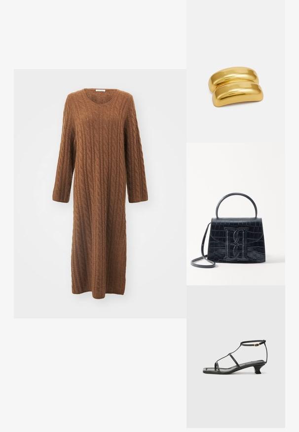 Rochie tricotată lungă, de culoare brună, cu modele în cable, decolteu rotund și mâneci lungi. Materialul pare moale și texturat, ajungând până la jumătatea gambei.; Sandelă din piele neagră cu vârf pătrat, curele subțiri, curea ajustabilă la gleznă și toc mic. Prezintă un mic accent auriu pe curea.; Geantă din piele cu model de crocodil negru, cu un design structurat, mână superioară, curea ajustabilă și un detaliu proeminent cu logo pe față.; Agățătoare pentru păr din metal de culoare aurie cu un design neted și rotunjit. Suprafața este reflectorizantă, având o formă curbată și unită, fără alte ornamente.
