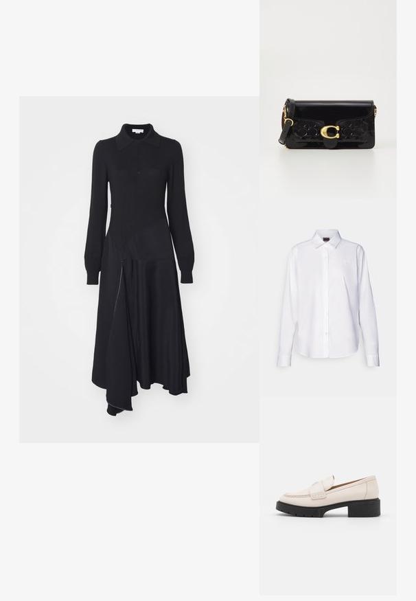 Melnas kleitas ar garām piedurknēm, apkakli, pogu priekšpusi. Materiāls ir jaukts, sastāv no teksturēta adījuma un gluda auduma, asimetrisks apakšmalā un sudraba rāvējslēdzis detaļās.; Balta garo piedurkņu krekls ar pogām, izgatavots no kokvilnas. Iekļauj klasisku apkakli un smalku zīmola izšuvumu uz krūtīm. Gluda tekstūra.; Gai krēmkrāsas ādas loaferi ar šuvēm priekšpusē un teksturētu melnu platformas papēdi. Ir izliekts dizains un neliels pacēlums.; Melnas lakotas ādas rokassomi ar zelta aksesuāriem, tostarp sprādzi. Iezīmē struktūru ar teksturētu dizainu un noņemamu siksnu. Kompaktā taisnstūra formā.