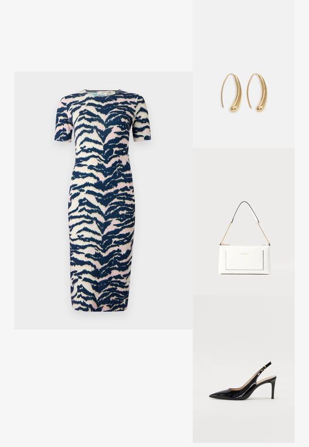 Kelio ilgio suknelė, prigludusio dizaino, su tamsiai mėlynu, rožiniu ir kreminiu gyvūnų atspaudų raštu; trumpomis rankovėmis ir apvaliu iškirpimu.; Juodas lakinės odos slingback batelis su smailiu nosiu, plonu kulnu ir subtiliu išpjovos dizainu. Yra auksinė sagtis ant dirželio.; Balta odinė rankinė su tekstūruotu paviršiumi, turinti auksinį grandinėlės dirželį ir juodas detales. Įskaičiuota priekinė kišenė ir užtrauktuko uždarymas.; Auksinės metalinės auskarų kabės su lenktą, pailgą forma. Turi lygų, blizgantį paviršių ir užapvalintą galiuką papildomam akcentui.