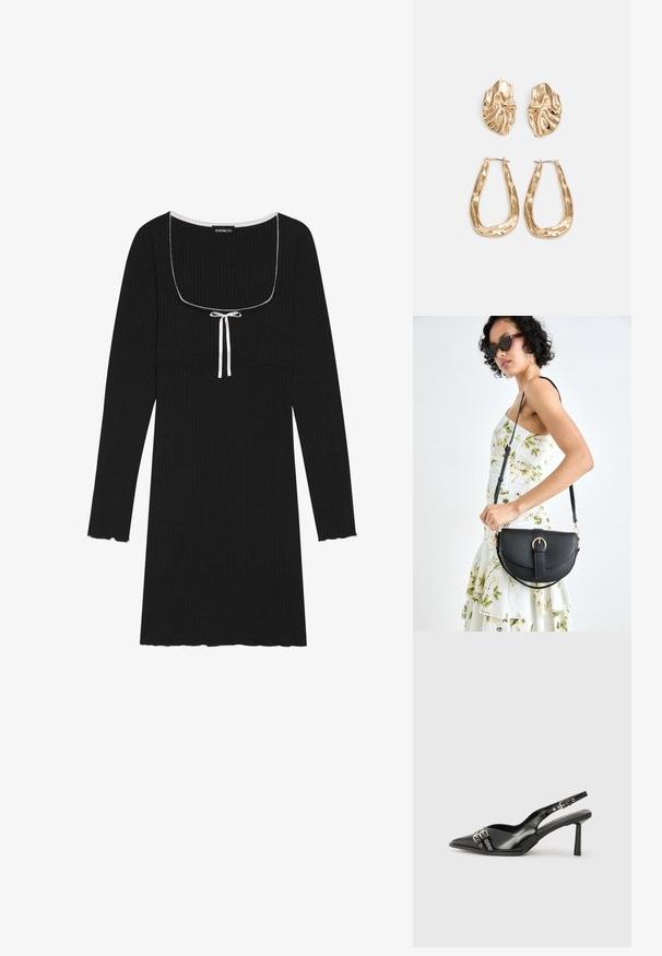 Crna rebrasta haljina dugih rukava s kvadratnim izrezom, bijelim detaljem s navlačenjem i valovitim rubovima na rukavima i donjem dijelu.; Crna lakirana slingback cipela s izduženim vrhom, remenčićima oko gležnja s srebrnim kopčama i dijelovima, te vitkim potplatom.; Crna kožna torba s lukovitim oblikom, odvojivim remenom i zlatnim detaljima. Torba ima preklop s kopčom.; Naušnice zlatne boje s teksturiranim, valovitim oblicima. Uključuju skulpturalne kopče i dizajn otvorene kružnice s kovanom završnom obradom.