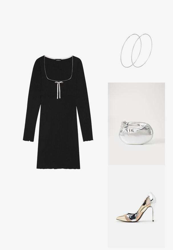 Črna rebrasta obleka z dolgimi rokavi, ki ima kvadratni izrez, bel detajl s vrvico in valovite manšete na rokavih ter robu.; Čevlji z visoko peto in konico, v barvni kombinaciji srebrne, zlate in nude. Sijajna obdelava z izrezljanim dizajnom, z igličasto peto.; Srebrna kovinska torbica z mehko, zaobljeno obliko in zavezano zgornjo zaporo. Narejena iz gladkega umetnega usnja.; Srebrne uhane v obliki obroča z minimalističnim dizajnom. Krožna oblika, gladka tekstura in tanek profil. Lahki s poliranim zaključkom.