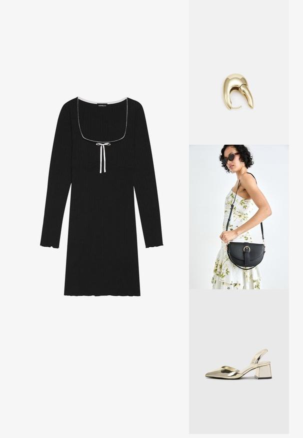 Vestido preto de manga longa com nervuras, apresentando um decote quadrado, detalhe de cordão branco e punhos escallopados nas mangas e na barra.; Sapatos de salto alto metálicos dourados, com biqueira em ponta e salto grosso. Textura suave, design minimalista e uma tira estreita.; Bolsa de couro preta com forma curva, alça destacável e detalhes em dourado. A bolsa possui uma aba com detalhe de fivela.; Brinco em metal dourado com um design elegante e curvo. Apresenta uma forma pontiaguda distinta, superfície polida e fecho por dobradiça.