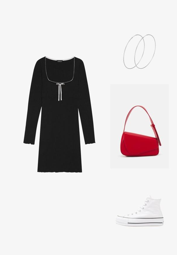 Musta ribattu pitkähihaisella mekko, jossa on neliön muotoinen pääntie, valkoinen narutusyksityiskohta ja aaltoilevat hihansuiden ja helman reunukset.; Valkoiset korkeavartiset kangaskengät mustalla kumipohjalla, edessä kuminen varvasosa ja kuusi nauha-aukkoa, puhtaan minimalistisella muotoilulla.; Punainen nahkalaukku, jossa on kulmikas, geometrinen muotoilu. Varustettu yhdellä säädettävällä hihnalla ja läpällä, jossa on ommeltu yksityiskohtia.; Hopehope hopeilla, joissa on minimalistinen muotoilu. Pyöreä muoto, sileä pinta ja ohut profiili. Kevyet ja kiillotetut.