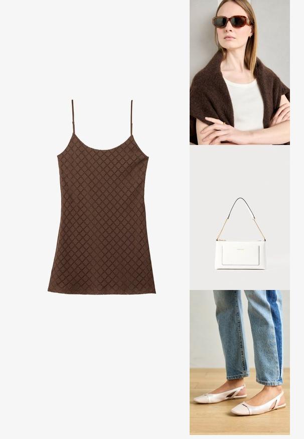 Braune Spitzen-Camisole mit dünnen Trägern, die ein strukturiertes Diamantmuster im gesamten Stoff aufweist und einen geraden Saum hat.; Blassrosa Slingback-Ballerinas mit spitzem Punkt, aus einem glatten, lederähnlichen Material. Mit Ausschnitten an den Seiten und einem flachen Absatz.; Braune Schildkrötensonnenbrille mit angularen Rahmen, dunklen Gläsern und Metallelementen. Getragen mit einem cremefarbenen Oberteil und einem dunklen Schal.; Weißes Lederhandtasche mit strukturierter Oberfläche, ausgestattet mit einem goldenen Kettenriemen und schwarzen Akzenten. Enthält eine Fronttasche und einen Reißverschluss.