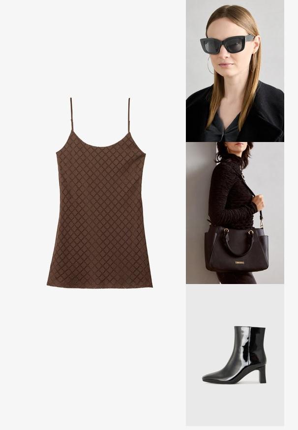 Hnedá tielko so čipkovaným vzorom a tenkými ramienkami, s textúrovaným diamantovým dizajnom po celej látke a rovnými okrajmi.; Čierne lakované členkové topánky s špicatou špičkou a stredne vysokým blokovým podpätkom. Hladká textúra a minimalistický dizajn.; Čierne mačacie slnečné okuliare s tmavými sklami, hrubými obručami a jemnými detailami. Nosí sa s čiernym kabátom a sivým topom, pričom má dlhé rovné vlasy.; Čierna kabelka s textúrovaným povrchom, dvojitými hornými rúčkami a nastaviteľným ramenným popruhom. Obsahuje zlaté kovanie a bočné vrecká.