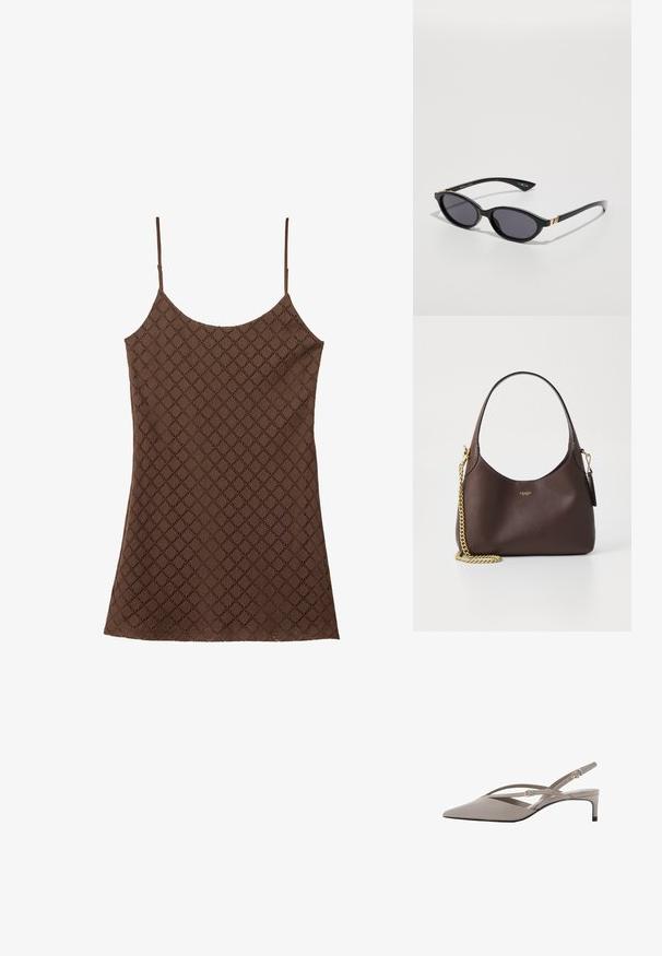 Braune Spitzen-Camisole mit dünnen Trägern, die ein strukturiertes Diamantmuster im gesamten Stoff aufweist und einen geraden Saum hat.; Beige Slingback-High Heels mit spitzem Zehenbereich, dünnen, gekreuzten Riemen und einem kurzen Stiletto-Absatz. Glattes Material mit goldfarbenen Hardware-Akzenten.; Schwarze Sonnenbrille mit ovalen Gläsern, dunklem Verlaufstönung und schlanken Bügeln mit dezenten goldenen Akzenten. Glatte Kunststoffoberfläche.; COACH BROOKLYN SHOULDER BAG 23 - Handtasche - maple