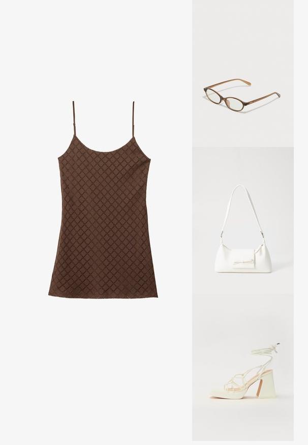 Braune Spitzen-Camisole mit dünnen Trägern, die ein strukturiertes Diamantmuster im gesamten Stoff aufweist und einen geraden Saum hat.; Weiße High-Heel-Sandale mit einem klobigen Absatz, die über ein Riemchendesign und ein Knöchelband verfügt. Glatte Textur mit einer Plattform vorne für zusätzliche Höhe.; Braune Schildpatt-Brille mit ovalen Gläsern, dünnen Bügeln und transparenten Akzenten. Verfügt über ein dezentes Logo am Bügel. Elegantes, leichtes Design.; Weiße synthetische Handtasche in dreieckiger Form, flache Vorderklappe und Schleifendetail, verstellbarer Trageriemen, glatte Textur und minimalistisches Design.