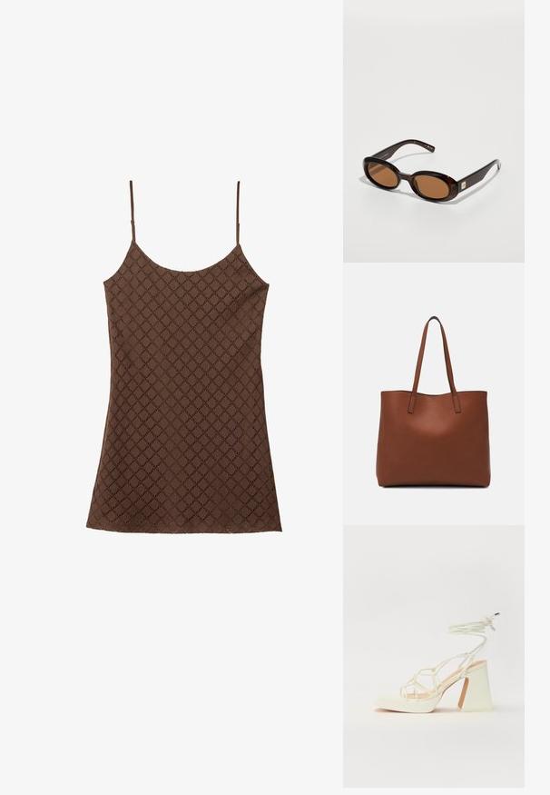 Brun blonde hængekøje med tynde skulderstropper, der har et struktureret diamantmønster i hele stoffet og en lige kant.; Hvide højhælede sandaler med en kraftig hæl, der har et stropdesign og ankelbinding. Glat tekstur med en platform foran for ekstra højde.; Brune skildpadde-solbriller med ovale linser, der har en tynd stel og en lille metalaccent på siden. Struktureret og poleret overflade.; Brun læder tote taske med en glat overflade, åben topdesign og to skulderremme. Har minimal syning og ingen synlig hardware.