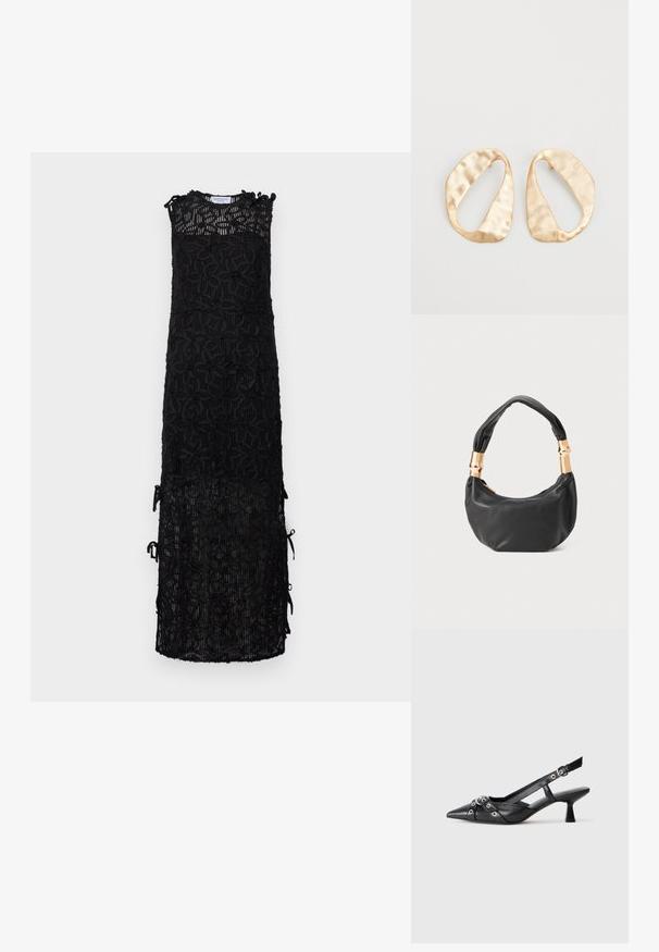 Rochie maxi din dantelă neagră, cu un corset ajustat și un model cu desene, având legături laterale ajustabile și un detaliu cu franjuri la decolteu.; Pantofii slingback din piele neagră, cu vârful ascuțit, curele decorative cu ochiuri din metal și toc bloc mic. Suprafață texturată.; Geantă de mână din piele neagră, cu o formă rotundă, textură moale și un mâner legat, având accente din metal auriu. Închidere cu fermoar.; O pereche de cercei din metal de culoare aurie, cu formă ovală neregulată, având o suprafață texturată, ușor ciocănită, pe un fundal alb.