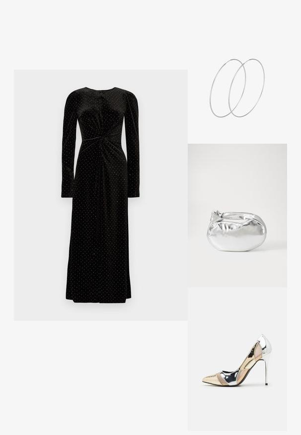 Juoda aksominė suknelė su ilgomis rankovėmis, surištu priekyje, su baltais taškeliais visame paviršiuje, turinti grindims siekiantį siluetą.; Aštrus pirštas aukštakulnis batelis su sidabro, aukso ir nuogų spalvų deriniu. Blizgus paviršius su išpjovos dizainu, su stiletto kulnu.; Sidabrinė metalinė maišelio forma su švelnia, apvalia forma ir mazgu užveriamu viršumi. Pagaminta iš lygios dirbtinės odos medžiagos.; Sidabrinės pusmėnulio auskarai minimalistiniu dizainu. Apskritimo forma, lygus paviršius ir plonas profilis. Lengvi su poliruotu apdailu.