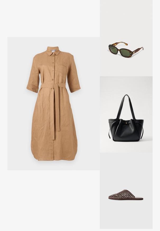 Beige linnenklänning med kort ärm, knappstängning fram, krage och knytbälte i midjan. Har en bröstficka med broderad detalj.; Brun vävd slide sandal med rund tå, öppen design, platt sula och texturerad yta. Lätt material och minimalistisk silhuett.; Sköldpaddsdramatiserade solglasögon med gröna linser, oval form, med guldfärgade logohardware på sidan och en slät, blank yta.; Svart läder tote-väska med två långa remmar, dragsko upptill och en guld cirkulär detalj. Slät yta med en minimalistisk design.