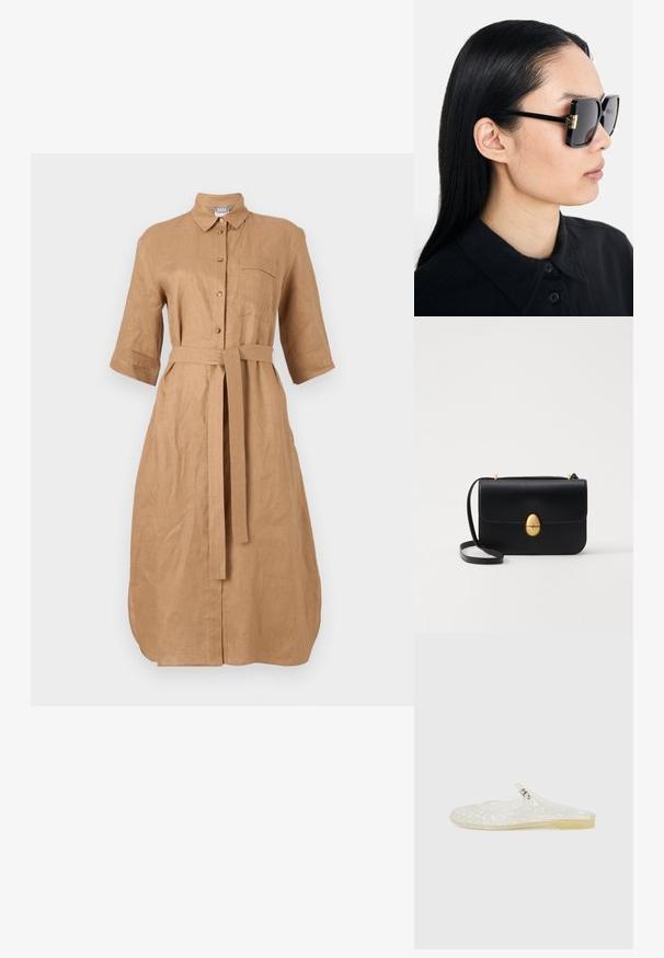 Smėlinis lino marškinių suknelė su trumpomis rankovėmis, mygtukų priekyje, apykakle ir surišama juostele. Yra krūtinės kišenė su siuvinėjimu.; Skaidrus plastikinis šlepetė su tinklelio raštu, apvalia nosimi ir nedideliu sidabriniu akcentu ant dirželio. Lankstus padas permatomos spalvos.; Tory Burch Akiniai nuo saulės - black/dark grey; Juodas odinis rankinukas su struktūrine stačiakampio forma. Yra auksinė ovali sagtis ir plona petneša. Glotni tekstūra.