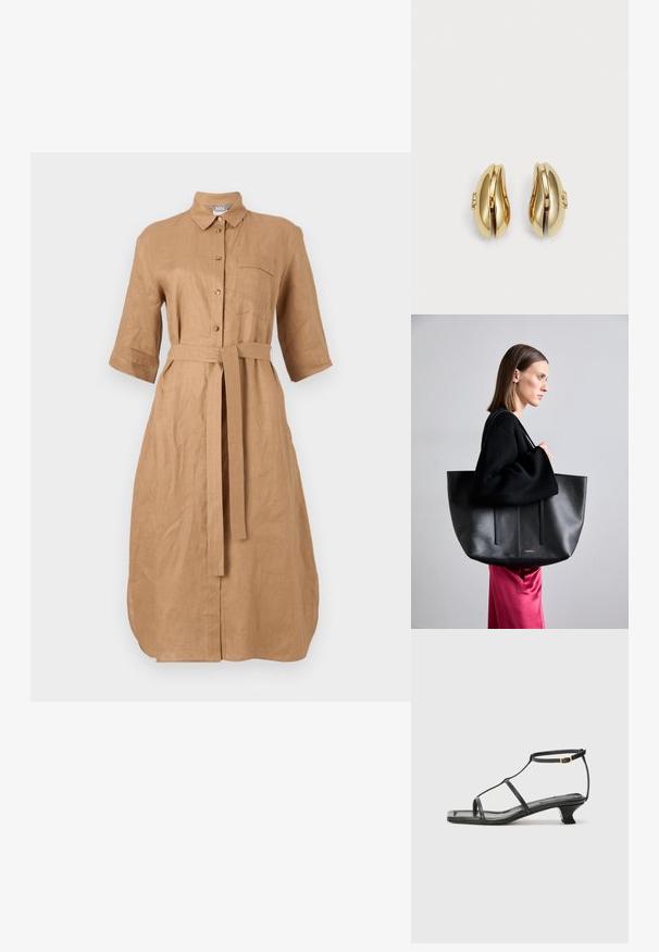 Smėlinis lino marškinių suknelė su trumpomis rankovėmis, mygtukų priekyje, apykakle ir surišama juostele. Yra krūtinės kišenė su siuvinėjimu.; Juodas odinis sandalai su kvadratiniu pirštu, plonomis dirželiais, reguliuojamu kulkšnies dirželiu ir žemu kulnu. Yra nedidelis aukso akcentas ant dirželio.; Juodas odinis rankinės modelis su tekstūruotu paviršiumi, turintis dvi vertikalias linijas, dvi petinių dirželių poras ir minimalistinį dizainą.; Aukso spalvos auskarai su srauniu, kreiviu dizainu. Kiekvienas auskoras turi lygų paviršių ir mažą užsegimą su dekoratyviu akcentu.