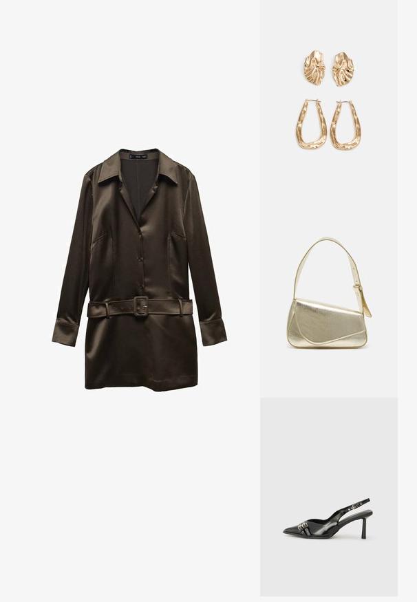 Mango Abito a camicia - khaki; Scarpa slingback in vernice nera con punta affusolata, cinturini alla caviglia con fibbie in argento e accessori, e tacco sottile.; Borsa a mano metallica dorata con un design strutturato, superficie liscia e tracolla regolabile. Presenta una forma triangolare unica e cuciture minimaliste.; Orecchini in tono oro caratterizzati da forme ondulate eTexture. Comprendono chiusure clip-on scultoree e un design a cerchio aperto con finitura martellata.