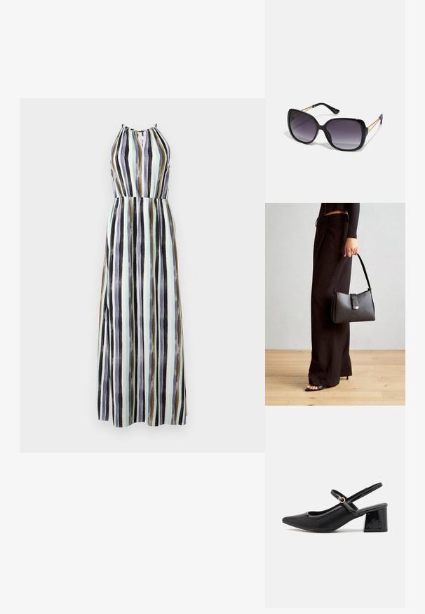 Maxi suknelė su apykakle, dekoruota vertikaliomis juostomis juodos, žalios, kreminės ir rudos spalvų. Lengva medžiaga, juosmens susiaurintas, ilgio iki kulkšnies.; Juodi patentinio odos slingback aukštakulniai su smailiu pirštu, apvaliu išpjovimu ir blokiniu kulnu. Papuošti auksiniu juostos akcentu.; Juodos didelės saulės akinių su pereinamais objektyvais, storomis rėmeliais ir auksinės spalvos grandinėmis ant šventyklų.; Juodas rankinė struktūrizuota forma, lygi tekstūra ir metalinis užsegimas. Suporuota su plačiomis juodomis kelnėmis ir atvirais bateliais ant medinių grindų.