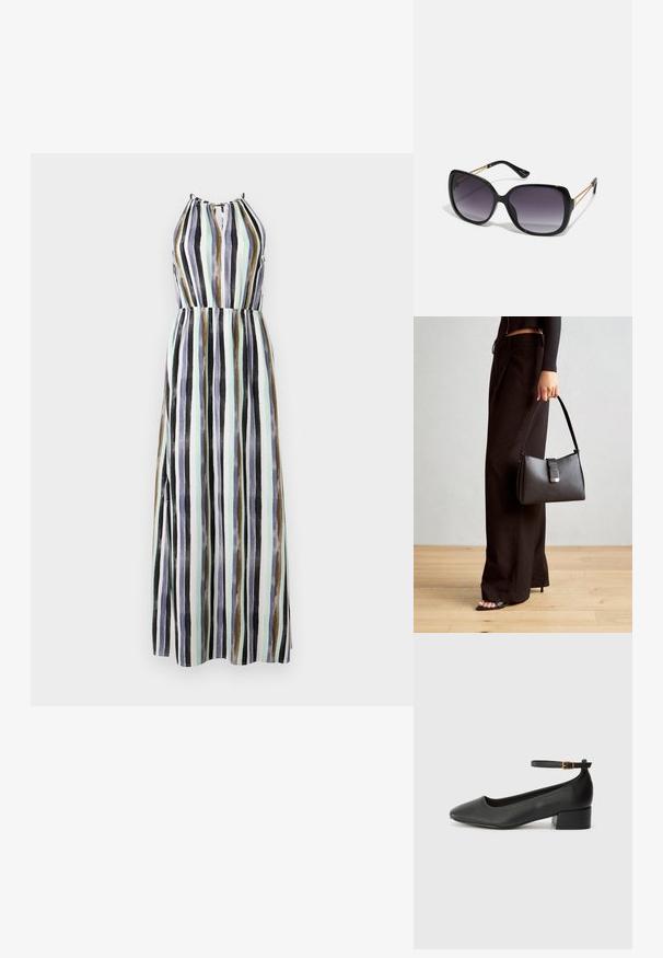 Vestido maxi com decote halter, apresentando riscas verticais em preto, verde, creme e castanho. Tecido leve, cintura ajustada e comprimento até ao tornozelo.; Sandal de pele preta com bico pontiagudo e um salto bloco baixo. Apresenta uma tira no tornozelo com uma fivela em tom dourado. Textura suave.; Óculos de sol oversized pretos com lentes degradê, armações grossas e detalhes em corrente dourada nas hastes.; Bolsa preta com forma estruturada, textura suave e um fecho metálico. Combinada com calças largas pretas e sandálias de salto aberto sobre um chão de madeira.