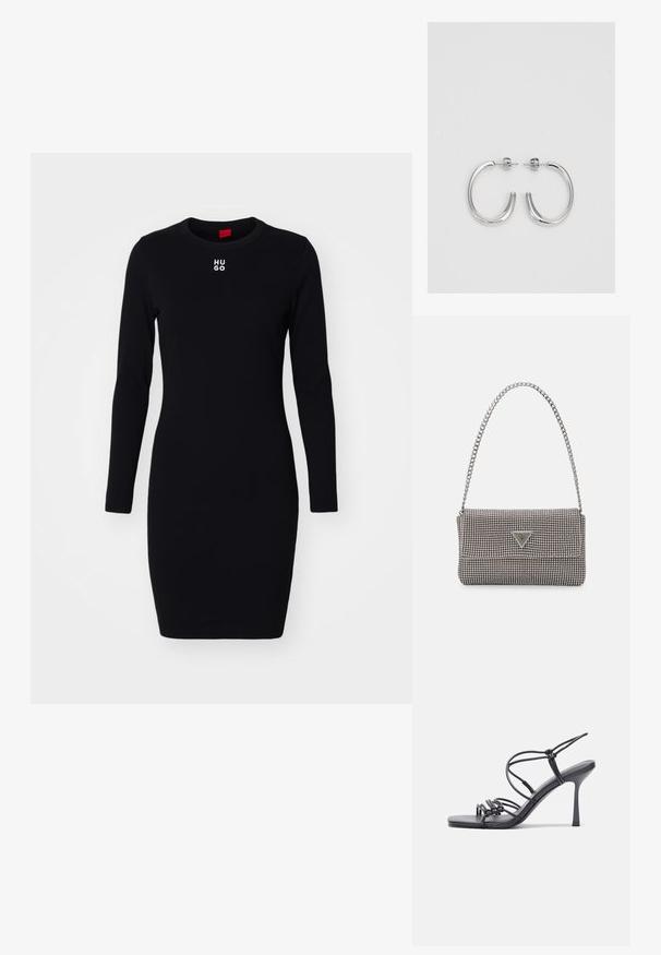 Rochie neagră cu mânecă lungă, confecționată dintr-un material moale și elastic. Prezintă un decolteu rotund și logo-ul "HUGO" în alb pe piept. Design ajustat.; Sandale negre cu toc înalt au curele subțiri cu un design legat, un vârf pătrat neted și un toc stiletto elegant.; Geantă metalică gri deschis, cu un strap din lanț, decorată cu mici ținte circulare metalice și un logo de marcă triangular.; Cercei rotunzi din argint cu un finisaj neted și strălucitor. Design ușor, având o formă rotundă și închidere cu tijă.