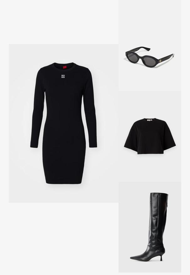 Fekete, hosszú ujjú ruha puha, rugalmas anyagból. Kerek nyakkivágással és fehér "HUGO" logóval a mellkasán. Testhez simuló fazon.; Fekete, crop fazonú pamut póló, kerek nyakkivágással és rövid, széles ujjal az laza illeszkedés érdekében. Simább textúra, egyszerű dizájn.; Fekete bőr, térd fölé érő csizma hegyes orral és karcsú, ívelt sarokkal. Sima tapintás, testhez simuló kialakítás, és látható fémalkatrészek vagy minták nélkül.; Fekete ovális napszemüveg sötét lencsékkel és fényes műanyag kerettel. Aranyszínű logóval rendelkezik a szárán, amely elegáns és modern megjelenést biztosít.