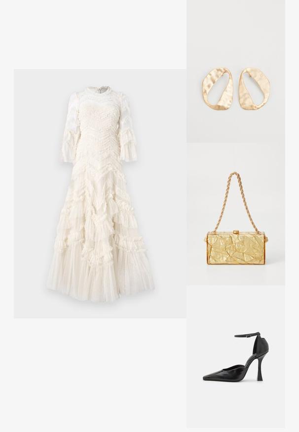 Balta kleita ar zeķētiem slāņiem, teksturētu audumu ar punktiņiem, garām caurspīdīgām piedurknēm un augstu izgriezumu.; Melnas augstpapēžu kurpes ar spīdīgu apdari, smailu purngalu, potītes siksniņu un izveidotu stiletto papēdi. Gluda tekstūra un elegants dizains.; Zelta krunkainā tekstūras rokassoma ar taisnstūra formu, kas aprīkota ar ķēdes siksniņu un augšējo aizdari. Gluda, spīdīga apdare.; Pāris neregulāras ovālas formas zelta toņos metāla auskaru ar teksturētu, nedaudz sitētu virsmu uz baltas fona.