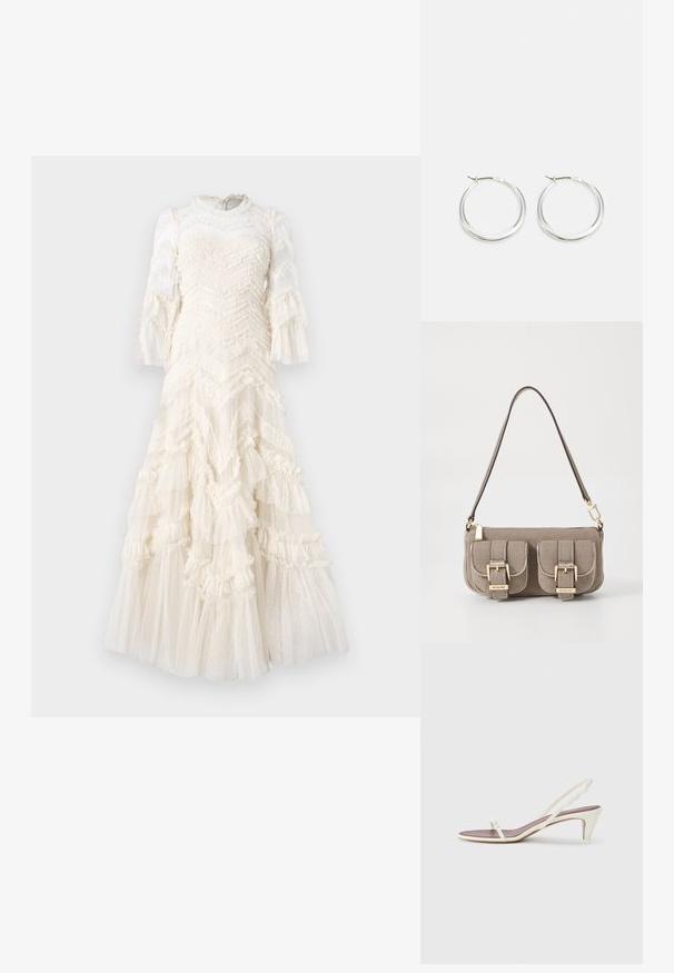 Rochie albă cu straturi volanate, material texturat cu buline, mâneci lungi din voal și guler înalt.; Sandale albe cu toc mic, curele subțiri și o textură netedă din piele; prezintă o cataramă decorativă mică.; Geantă bej texturată, cu curea ajustabilă, două buzunare frontale asigurate cu catarame și accente din metal aurit. Închidere cu fermoar în partea de sus.; Cercei rotunzi din argint prezintă un design neted și rotunjit, cu un profil subțire și un sistem de prindere sigur. Stil minimalist cu un finisaj lucios.