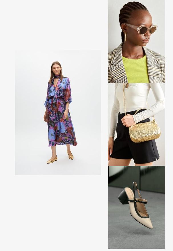 Pitkä kukkamekko violetissa, jossa on suuria sinisiä ja punaisia kukkakuoseja, lyhyet hihat, nauhakiinnitys kauluksessa ja elastinen vyötärö. Kultaiset ballerinat.; Beige slingback-kengät, joissa on musta reuna, kultahakas, ja paksu lohkoheel, harmaalla lattialla tummanvihreää taustaa vasten.; Selkeät kissamaiset aurinkolasit ruskeilla linsseillä ja kirkkailla kehyksillä. Mallilla on yllä vihreä ribattu paita ja ruudullinen bleiseri. Kultaiset renkaita korvakorut.; Käsilaukku kullanvärisistä paljeteista, jossa on suorakaiteen muotoinen muotoilu, lyhyt kahva ja pitkä ketjuhihna. Pinta on kiiltävä ja heijastava.