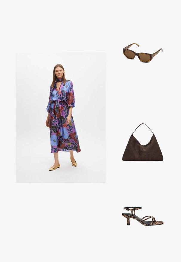 Pitkä kukkamekko violetissa, jossa on suuria sinisiä ja punaisia kukkakuoseja, lyhyet hihat, nauhakiinnitys kauluksessa ja elastinen vyötärö. Kultaiset ballerinat.; Naiskahva leopardikuosiset korkokengät, joissa on neliönmuotoinen kärki, useita remmejä ja keskipitkä korko. Valmistettu pehmeästä tekstiilimateriaalista.; Kilpikonnakuosisaurinkolasit, joissa on leveä, kulmikas kehys ja ruskeat linssit. Varret ovat hoikat ja niissä on sileä, kiiltävä pinta.; Ruskean kudottu nahkainen käsilaukku, jolla on löysä, kolmiomainen muoto. Varustettu punotulla kahvalla ja vetoketjukiinnityksellä ylhäällä.