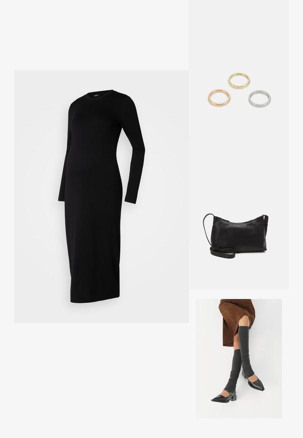 Černé dlouhé šaty s dlouhým rukávem vyrobené z elastického materiálu, s kulatým výstřihem a rovnou siluetou dosahující pod kolena.; Černé lakované boty s špičatou špičkou, blokovým podpatkem a kotníkovým páskem, spárované s šedými žebrovanými návleky na nohy a hnědskou sukní z semiše.; Černá kožená taška přes rameno s hladkým povrchem, zakřiveným tvarem, nastavitelným popruhem a zipovým uzávěrem. Minimalistický design bez zdobení.; Tři kovové prsteny: jeden růžově zlatý, jeden zlatý s texturovanými detaily a jeden stříbrný, všechny s vyrytým brandingem na vnitřním boku.
