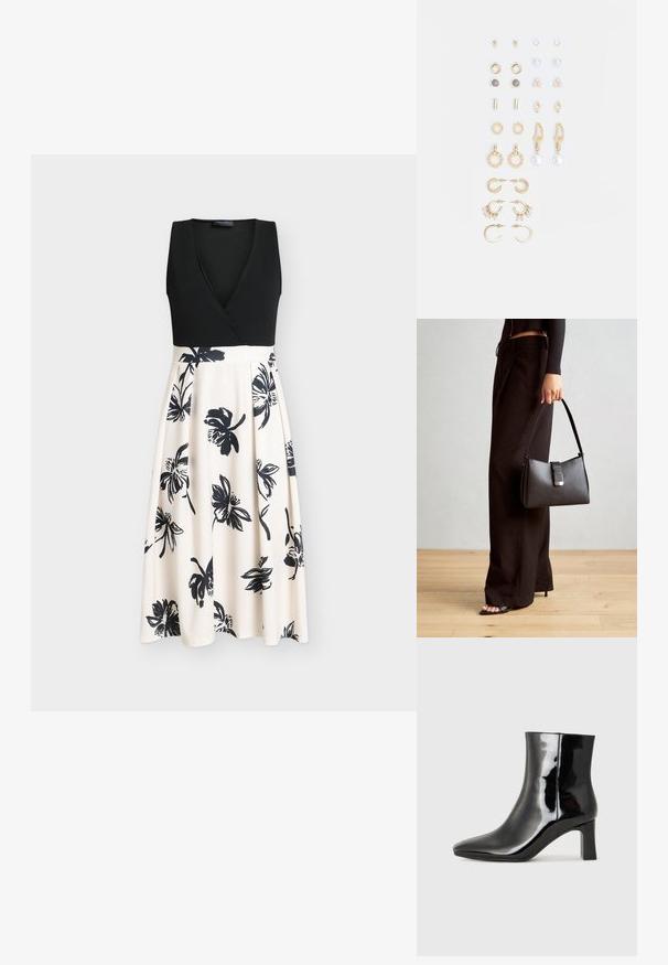 Juoda berankovė suknelė su perrišamu viršumi ir laisvai krentančia kūno spalvos sijonu su juodais gėlių raštais. Lygus audinys su aptemptu liemeniu.; Juodos lakuotos odinės aulinukės su smailiu pirštu ir vidutinio aukščio blokuotu kulnu. Lygus paviršius ir minimalistinis dizainas.; Juodas rankinė struktūrizuota forma, lygi tekstūra ir metalinis užsegimas. Suporuota su plačiomis juodomis kelnėmis ir atvirais bateliais ant medinių grindų.; Auksiniai auskarai su įvairiais dizainais, įskaitant studus, žiedus ir kabančius modelius su perlų ir kristalų akcentais.