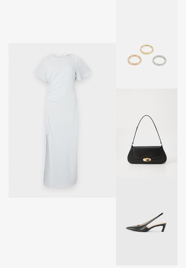 Hele sinine, põlvini ulatuv kleit ümmarguse kaeluse, lühikeste pilvetaoliste varrukate, külgsete volangide ja õrna lõhiku hempsus, valmistatud siledast kangast.; Must mustaga, terav varvas, madala kontsaga sildiga king, mis on valmistatud siledast nahast ja mille küljel on lõike disain hingavuse tagamiseks.; Mustroone nahast käekott kaarjate vormidega, kuldse tooni detailide ja ülemise käepideme ning sujuva sulgemise ja sileda tekstuuriga.; Kolme metallist rõngast: üks roosa kuld, üks kuld tekstuursete aktsentidega ja üks hõbe, kõik sisepoolt graveeritud brändinguga.