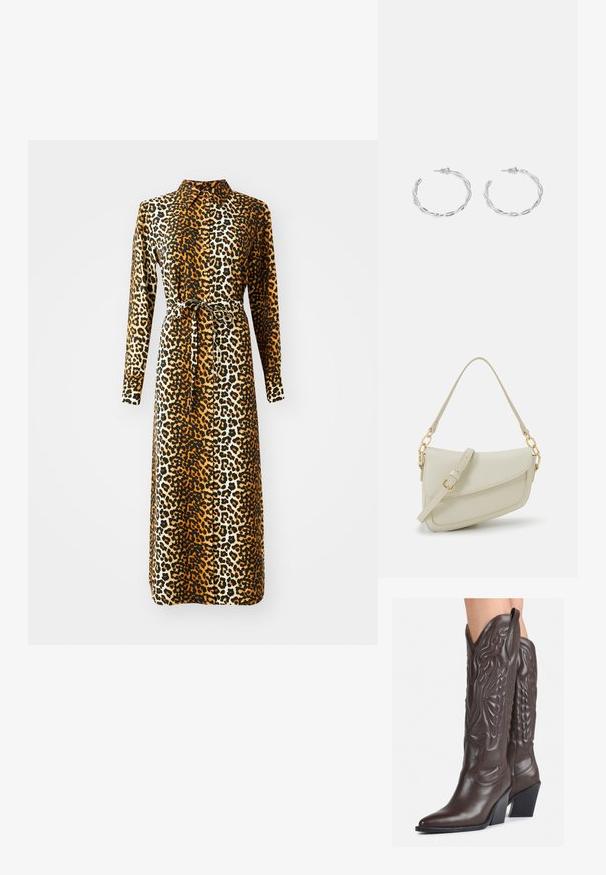Leopardų rašto suknelė su ilgomis rankovėmis, apykakle ir juosmeniu surišama juosta. pagaminta iš lygios medžiagos rudos, juodos ir kreminės spalvų atspalvių.; Rudos odinės kaubojaus batai su smailiu priekiu ir blokuotu kulnu, pasižymintys detaliu siuvinėjimu ir iškiliais akcentais ant ašies.; Mažas kreminis rankinukas su tekstūruotu paviršiumi, ilga reguliuojama juostele, grandinėle ir užsegimu su atvartu. Aukso detalės.; Sidabriniai auskarai žiedai su sukto dizaino, turintys poliruotą apdailą ir fiksavimo smeigtuką. Skersmuo maždaug 3 cm.