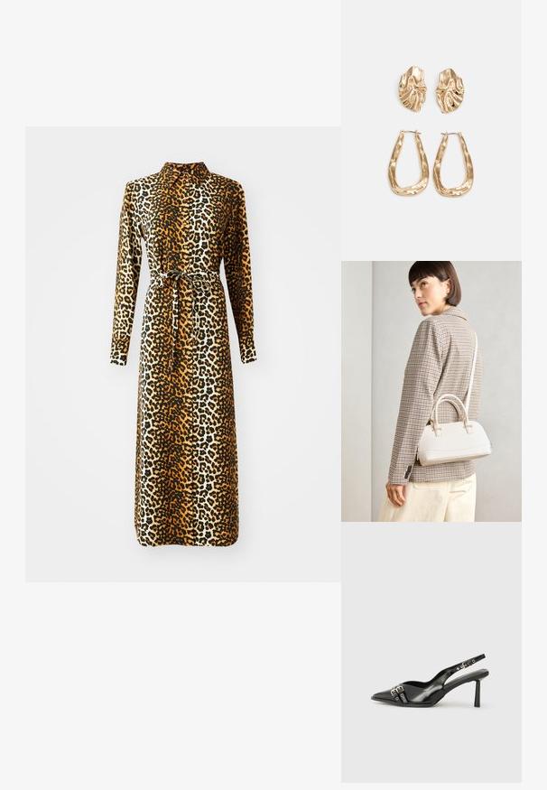 Lauku raksta kleita ar garām piedurknēm, apkakli un jostu jostasvietā. Izgatavota no gludas auduma brūnos, melnos un krēmkrāsas toņos.; Melnā patentēta ādas sandale ar norādītu purngalu, potītes siksniņām ar sudraba sprādzēm un aparatūru, kā arī smalku papēdi.; Balta strukturēta roku soma ar īsām rokturiem un plecu siksnu, ar zelta aparatūras akcentiem un strukturētu materiālu, izstādīta uz pelēka fona.; Zelta krāsas auskari ar teksturētām, viļņotām formām. Iekļauts skulpturāls piespraužams modelis un atvērta gredzenveida konstrukcija ar izsistām virsmām.