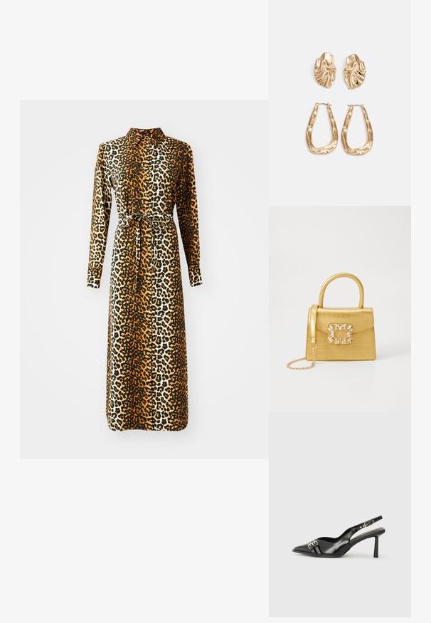 Leopardmønstret kjole med lange ærmer, krave og bånd i taljen. Fremstillet af et glat stof i nuancer af brun, sort og creme.; Sorte patentlær slingback-sko med spiss tå, ankelremmer med sølvspenner og detaljer, og en slank hæl.; Gul faux-krokodille veske med en strukturert design, toppen håndtak, avtagbar kjede stropp, og dekorativ krystallbortsettelse på låsen.; Gullfargede øredobber med teksturerte, bølgete former. Inkluderer skulpturelle klipsstuds og åpen hoop-design med en hamret finish.