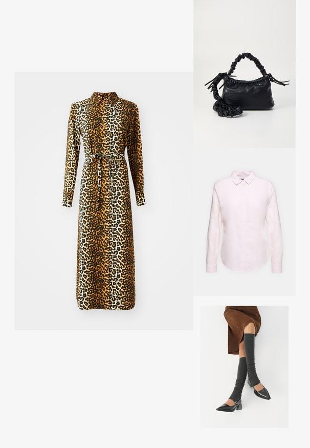 Vestido com estampa de leopardo, com mangas longas, colarinho e cintura com laço. Feito de um tecido suave em tons de castanho, preto e creme.; Camisa de manga longa rosa claro com colarinho abotoado, apresentando uma bainha reta e textura suave, feita de um tecido de algodão leve.; Sapatos pretos de pele lacada com biqueira pontuda, salto bloco e tiras no tornozelo, combinados com caneleiras cinzas em malha e uma saia de camurça castanha.; Bolsa de mão em couro sintético preto com textura de crocodilo, topo franzido e alça enrugada. Apresenta um design suave e compacto.