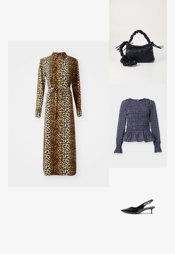 Obleka z leopardjim vzorcem z dolgimi rokavi, ovratnikom in pasom za zavezovanje. Narejena iz gladkega materiala v odtenkih rjave, črne in smetane.; Bluza z dolgimi rokavi v modro-rdečem karirastem vzorcu, z nabrano bodyjo in volančki na robu ter manšetah, prikazana na belem ozadju.; Črne usnjene slingback pete z izostrenim nosom, majhno mačje peto in okrasno vozličasto podrobnostjo na sprednjem delu. Gladka tekstura po celotni površini.; Črna torbica iz umetnega usnja s krokodilovo teksturo, z zvitim vrhom in zmečkano naramico. Zdi se mehka in kompaktna v oblikovanju.