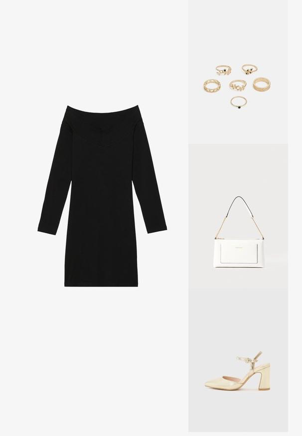 Vestido preto com decote assimétrico e mangas longas, apresentando um decote em V. Feito de tecido suave, possui um corte ajustado.; Sapato de salto metálico dourado com bico pontiagudo, uma tira no tornozelo com fecho circular e um design de salto grosso. Textura suave.; Bolsa de mão branca em couro com acabamento texturizado, featuring a corrente dourada e detalhes pretos. Inclui um bolso frontal e fecho com zipper.; Conjunto de seis anéis dourados com vários designs: trançados, com motivos de folhas e bandas sólidas; alguns com detalhes em pedras preciosas verdes.