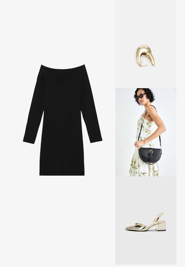 Črna obleka brez naramnic z dolgimi rokavi, ki ima dekolte v obliki črke V. Narejena iz gladkega materiala, ima oprijet kroj.; Zlati, kovinski slingback čeveljci z ostrim nosom in masivnim peto. Gladka tekstura, minimalistična zasnova in ozka zanka.; Črna usnjena torbica s ukrivljeno obliko, z odstranljivo naramnico in zlatimi dodatki. Torbica ima pokrov s podrobnostmi v obliki zaponke.; Uhane nakit iz zlatastega tona z gladko, ukrivljeno zasnovo. Ima edinstveno koničasto obliko, polirano površino in zaponko s tečajem.