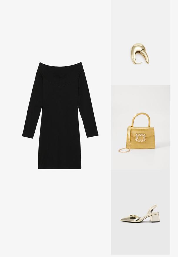 Črna obleka brez naramnic z dolgimi rokavi, ki ima dekolte v obliki črke V. Narejena iz gladkega materiala, ima oprijet kroj.; Zlati, kovinski slingback čeveljci z ostrim nosom in masivnim peto. Gladka tekstura, minimalistična zasnova in ozka zanka.; Rumeno usnjeno-usnje z vzorcem krokodila, s strukturiranim dizajnom, zgornjo ročajem, snemljivo verižico in dekorativnim kristalnim okrasjem na zaponki.; Uhane nakit iz zlatastega tona z gladko, ukrivljeno zasnovo. Ima edinstveno koničasto obliko, polirano površino in zaponko s tečajem.