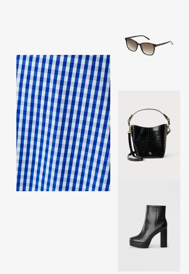 Blaue und weiße Gingham-Stoff mit einem karierten Muster, das gleichmäßige Quadrate zeigt. Die Textur wirkt glatt und gewebt.; Schwarze Leder-Plateau-Stiefelette mit quadrater Spitze und dickem, hohem Blockabsatz, seitlich auf einem weißen Hintergrund dargestellt.; Schildpatt-Sonnenbrille mit quadratischen Rahmen, Verlaufslinsen und goldenen Branding-Akzenten an den Bügeln. Glattes Kunststoffmaterial.; Schwarze, krokodilgeprägte Lederhandtasche mit geschwungener Form, goldfarbenen Hardware-Akzenten, einem verstellbaren Riemen und einem Logodetail auf der Vorderseite.; Drei Ohrringpaare: große weiße Perlenstecker, goldene Creolen mit klaren Edelsteinen und zwei lange, gerade goldene Akzentohrringe mit funkelneden Details.